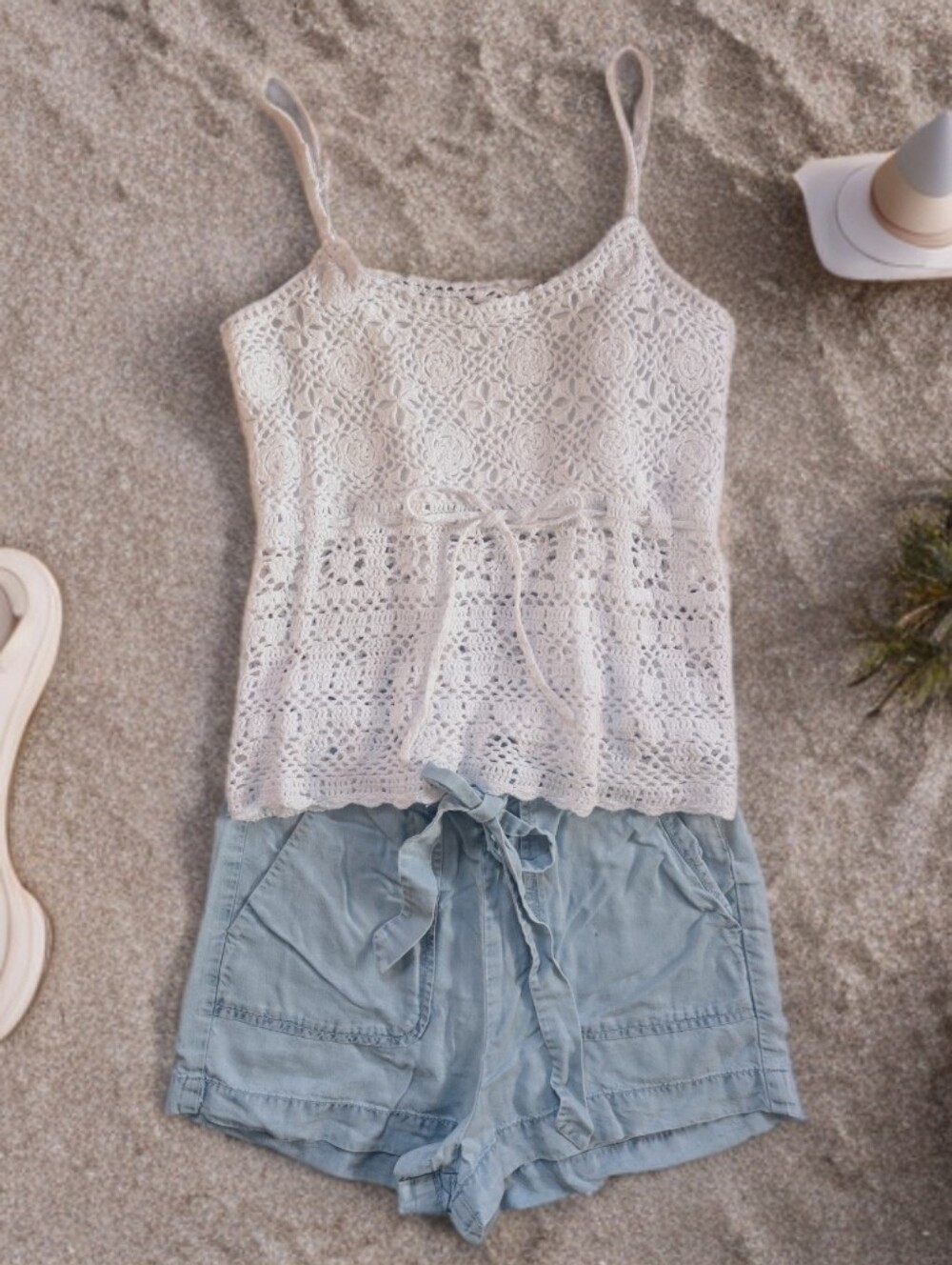 ☀️ OVS Italian Lyocell Paperbag Shorts & Crochet Lace Cami Set - Picture 2 of 12